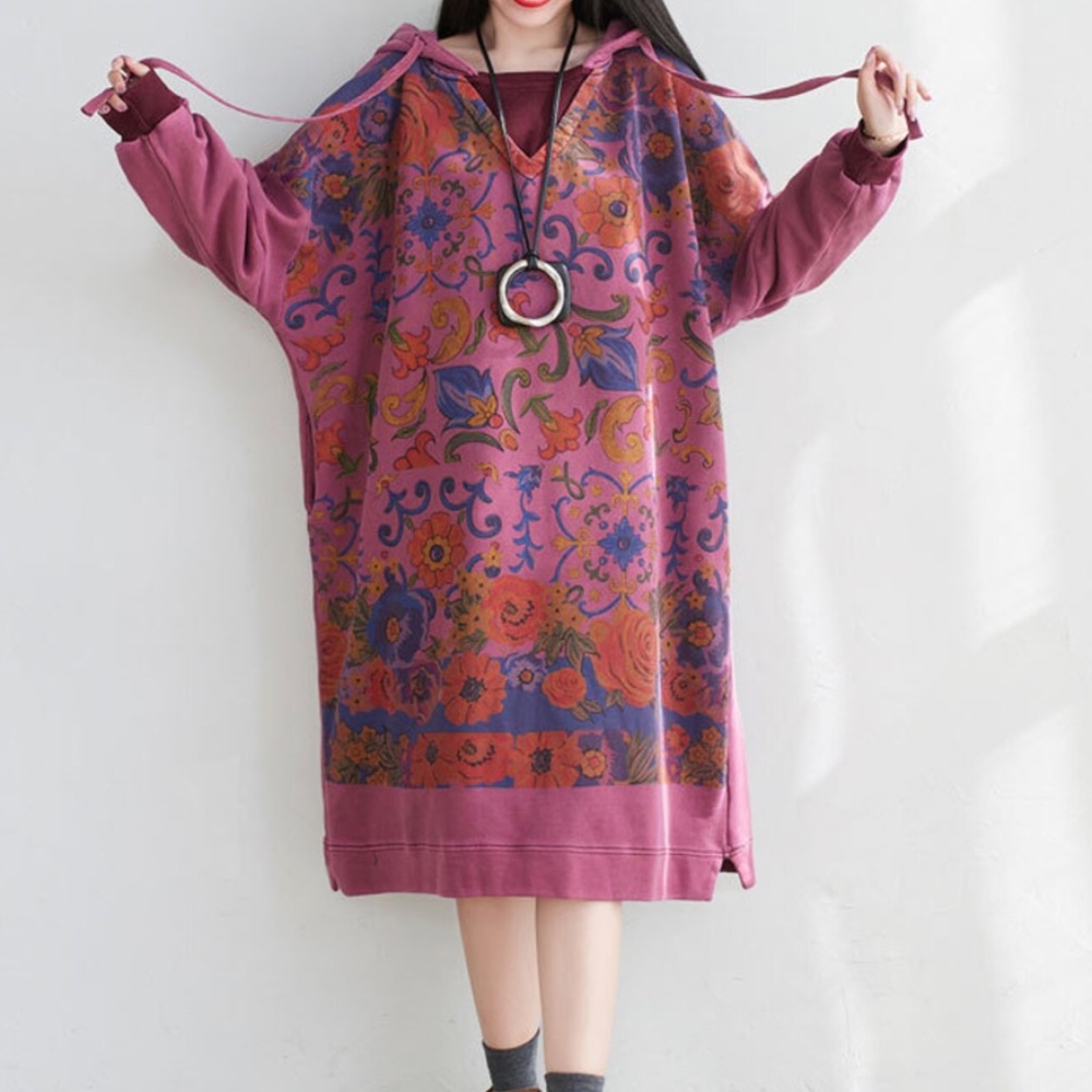 Womens Autumn Loose Fitting Printed Floral Patchwork Hooded Cotton Dress